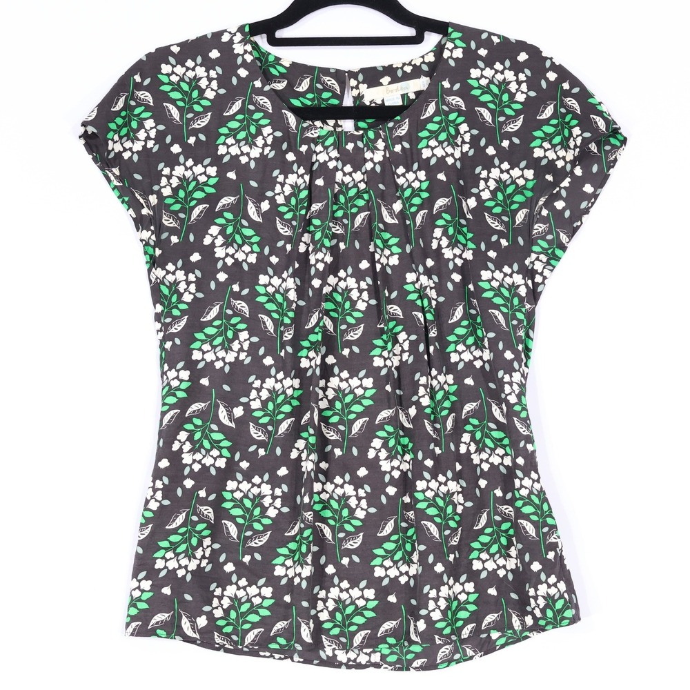 Boden Floral Silk Blend Blouse Womens 4 Dark Grey Pleated Cap Sleeve Casual Twee